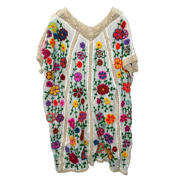 Momo for Free People Embroidered Kaftan One Size White Floral Crochet Silk - Picture 6 of 6